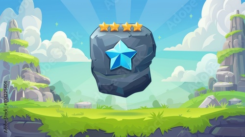 UI Interface indicator to select level cartoon design. Isolated rock activation button item with blue star score and green grass. Videogame assets for selection template kit. photo