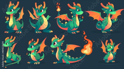 Game design fantasy dragon with wings  horns and tail. Cute cartoon fairy green reptile breathing fire and smoke. Modern illustration set of mythical magic creature.