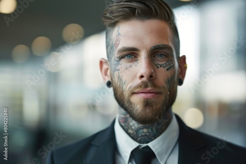 Modern Tattooed Businessman with a Confident Gaze