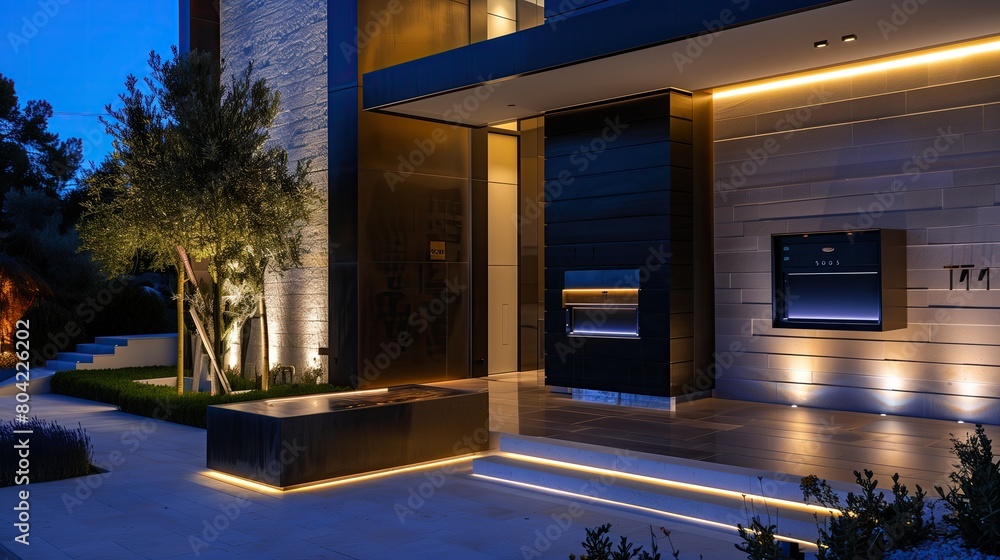 A luxury home entrance with a smart lighting system and a custom-designed mailbox A luxury home entrance with a smart lighting system and a custom-designed mailbox