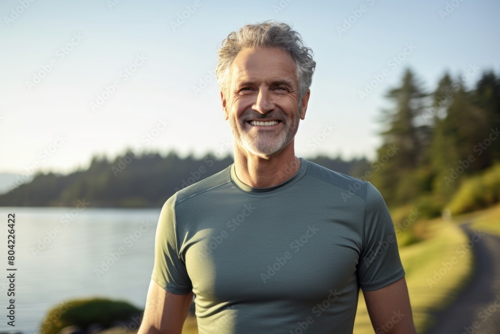 Obraz premium Portrait of a smiling man in his 50s wearing a moisture-wicking running shirt while standing against serene lakeside view