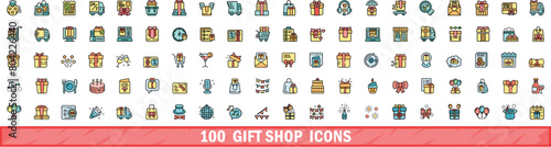 100 gift shop icons set. Color line set of gift shop vector icons thin line color flat on white photo