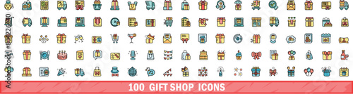 100 gift shop icons set. Color line set of gift shop vector icons thin line color flat on white
