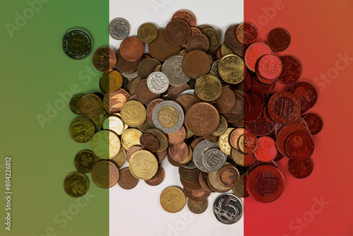 Italy economic situation, Italy flag with changes, news banner idea, financial values with coins