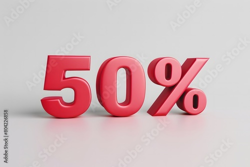 A 3D rendering of the text "50% OFF" displayed prominently in a matte surface finish
