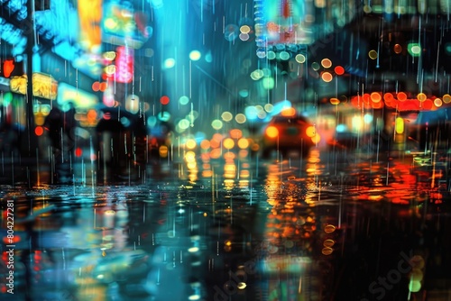 City lights on a rainy night.