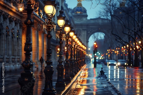 Grand boulevard illuminated by a colonnade of ornate lampposts. photo
