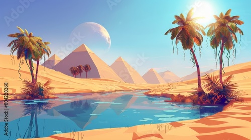 Desert lake with ancient pyramids. Cartoon illustration of a small pond in the desert surrounded by exotic palm trees and green lianas. Hot sun shining on dune landscape.
