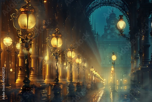 Grand boulevard illuminated by a colonnade of ornate lampposts. photo