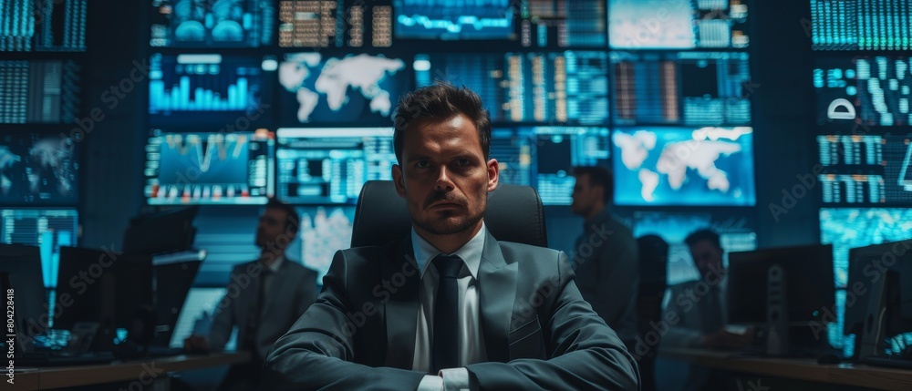 Professional Technical Controller Sitting at His Desk with Multiple Displays Before Him. His Colleagues Working in the System Control Center in the Background. Professional Technical Controller Sitting at His Desk with Multiple Displays Before Him. His Colleagues Working in the System Control Center in the Background.