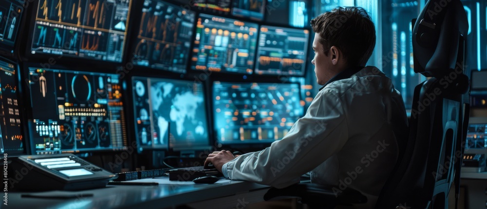Photograph of a technical controller working at his desk with multiple displays before him. His teammates working in the system control center are in the background. Photograph of a technical controller working at his desk with multiple displays before him. His teammates working in the system control center are in the background.