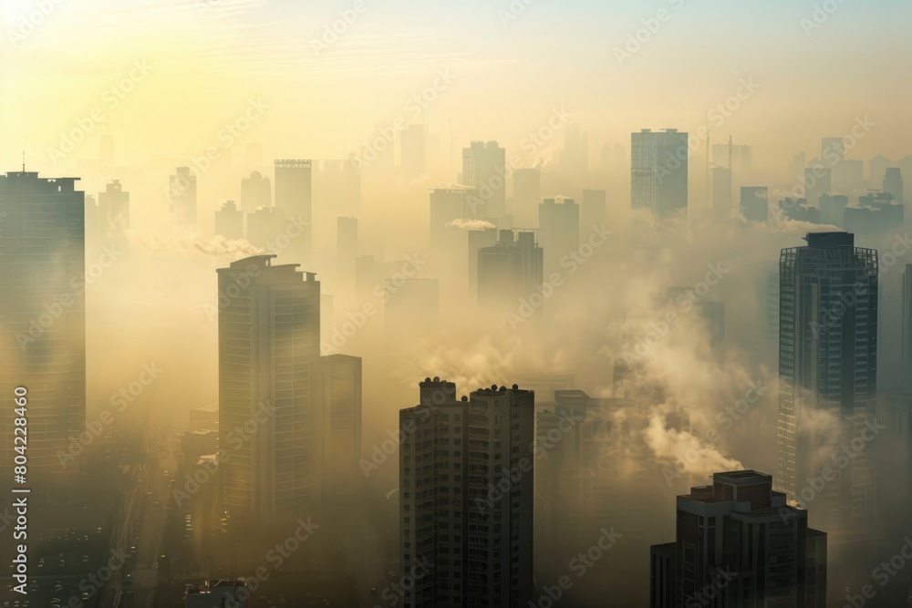 A city skyline is covered in a thick fog and dust A city skyline is covered in a thick fog and dust
