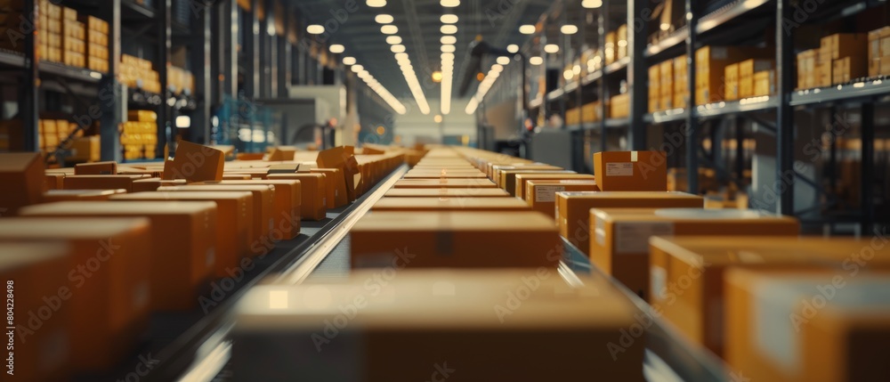 The parcels are being conveyed on a belt conveyor at the sorting office. Box view. The parcels are being conveyed on a belt conveyor at the sorting office. Box view.