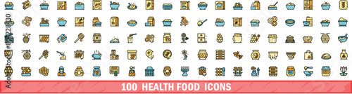 100 health food icons set. Color line set of health food vector icons thin line color flat on white