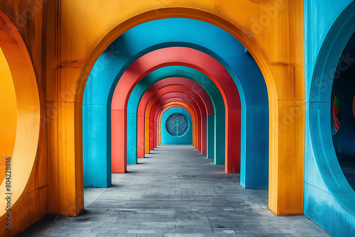 AI generated illustration of colorful arches on a tiled floor, an optical illusion in vibrant colors