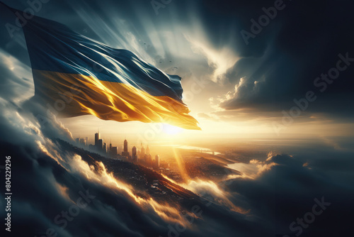 Blue and yellow Flag of Ukraine waving in the wind. photo