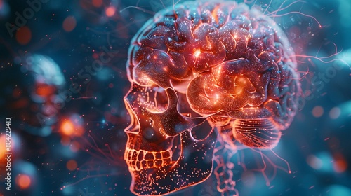  a human brain, glowing with intricate connections, as if mid-thought. Semi-transparent skull overlay adds depth, against a blue-toned backdrop. Created using futuristic design, bioluminescent effects