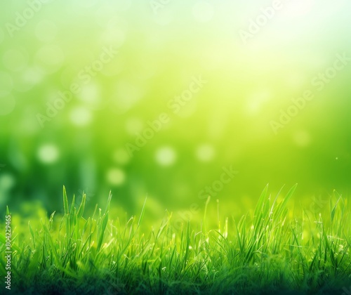 Fresh Spring Green Grass with Morning Dew and Sunlight Bokeh Background