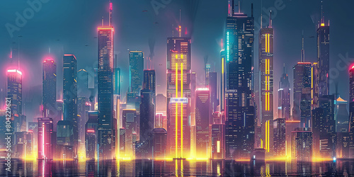 A futuristic cityscape illuminated with neon lights and towering skyscrapers, symbolizing technological progress and urban development