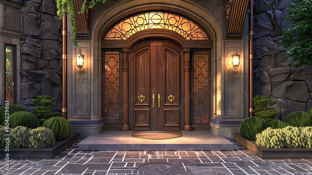 Obraz premium A luxury home entrance with a stained wood door and a stone archway