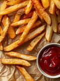 Overhead view of french fries with ketchup sauce