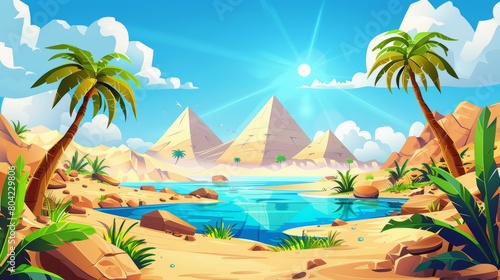The Egyptian desert with the Nile river and palm trees modern illustration. Sunlight ray in a drought and mysterious location with water and green grass. photo