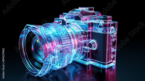 Neon glow of a vintage camera captured in a futuristic digital art style combining photography and technology