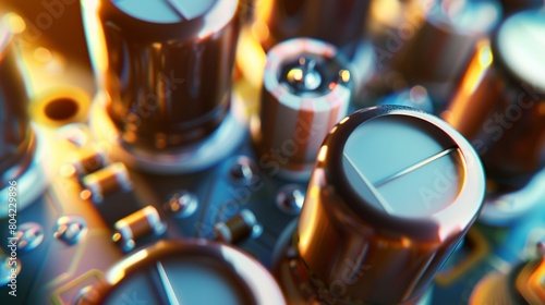 Macro view of capacitors inside an electronic device, showcasing components that store and release electrical energy.  photo