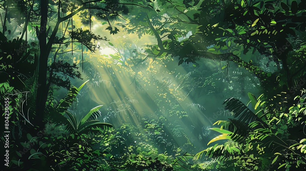 Rainforest Canopy: Deep within the rainforest, the dense canopy filters the sunlight, casting a dappled light on the lush greenery and exotic wildlife below Rainforest Canopy: Deep within the rainforest, the dense canopy filters the sunlight, casting a dappled light on the lush greenery and exotic wildlife below