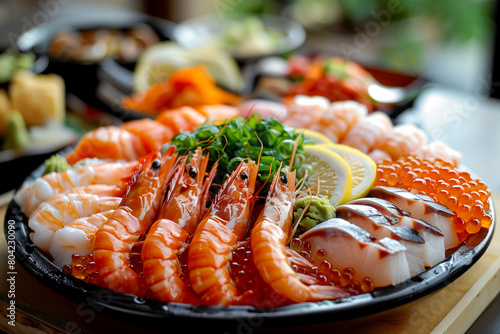 A plate of assorted seafood, including shrimp, scallops, and sashimi