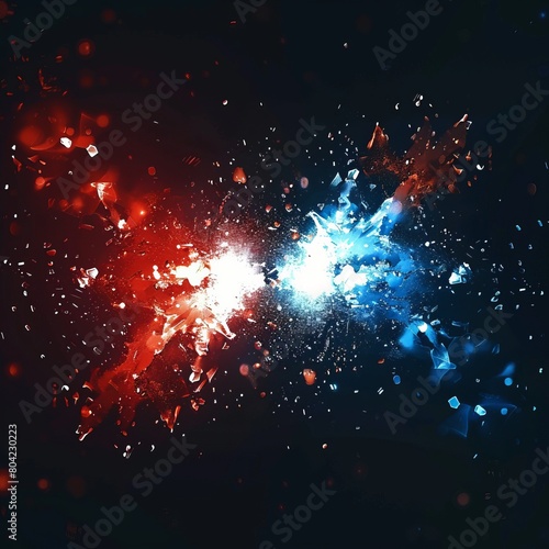 Red and blue particles collision. Vector illustration. Atom fusion  explosion concept. Abstract molecules impact. Atomic energy power blast  electrons protons collide. Two cores shatter destruction