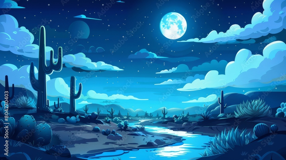 Scene with trees, bushes, and cactuses along a riverbank, and a starry cloudy sky with fool moon. A panoramic summer scene with water stream in late evening. Scene with trees, bushes, and cactuses along a riverbank, and a starry cloudy sky with fool moon. A panoramic summer scene with water stream in late evening.