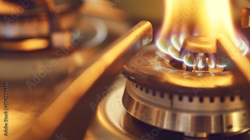 Detailed shot of a gas burner igniting on a stove, focusing on the use of natural gas energy in domestic cooking.  photo