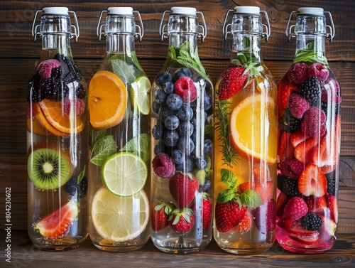 Creative display of fruit-infused waters in clear glass bottles on a rustic wooden surface.