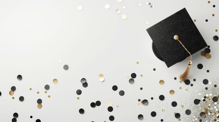 Elegant aesthetic invitation mockup for graduation with academic cap. Light background with confetti. Generative AI