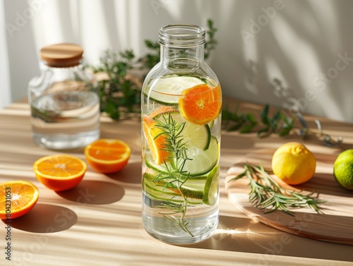 Refreshing fruit-infused water in an unbranded glass bottle on a minimalist wooden surface.