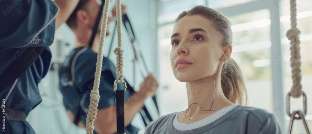 Obraz premium A physiotherapist assists a female patient with trauma, who is being treated with rehabilitative physiotherapy on a special suspension rope system. This is a clinic that uses advanced rehabilitation
