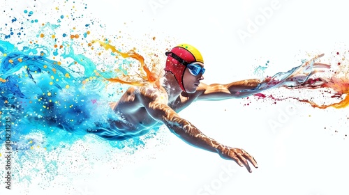 competitive swimmer in motion, surrounded by a dynamic watercolor splash, isolated on white 