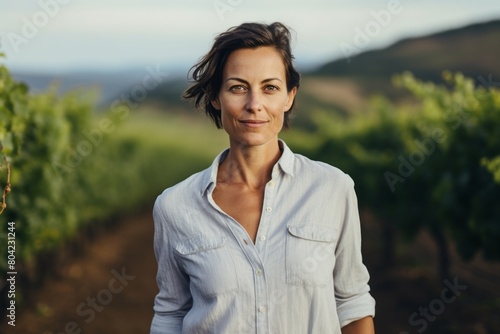 Portrait of a content woman in her 40s wearing a simple cotton shirt over backdrop of rolling vineyards photo