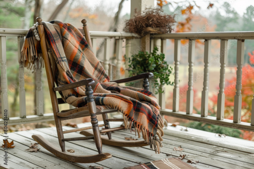 Wooden rocking chair on a porch with a cozy blanket
