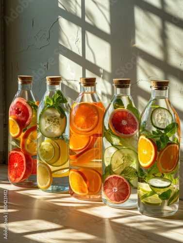 Variety of fruit-infused waters in unbranded bottles.