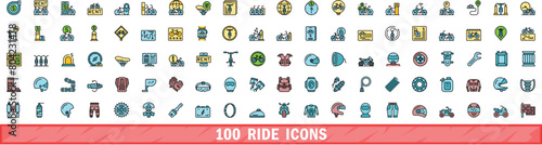 100 ride icons set. Color line set of ride vector icons thin line color flat on white