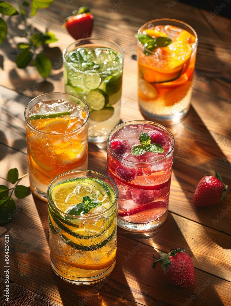 Creative arrangement of fruit-infused waters on a wooden table, modern and trendy. Creative arrangement of fruit-infused waters on a wooden table, modern and trendy.