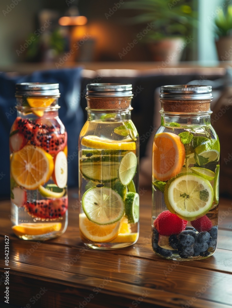 Creative arrangement of fruit-infused waters on a wooden table, modern and trendy. Creative arrangement of fruit-infused waters on a wooden table, modern and trendy.