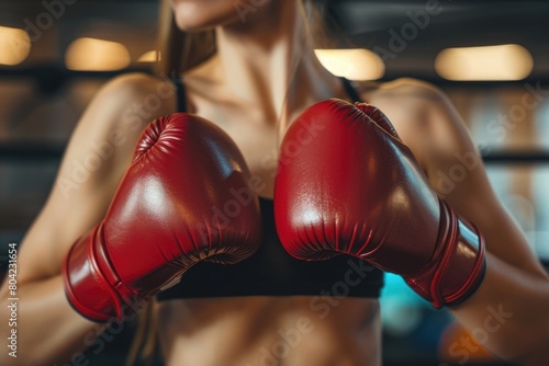 Young woman in red boxing gloves training at gym.