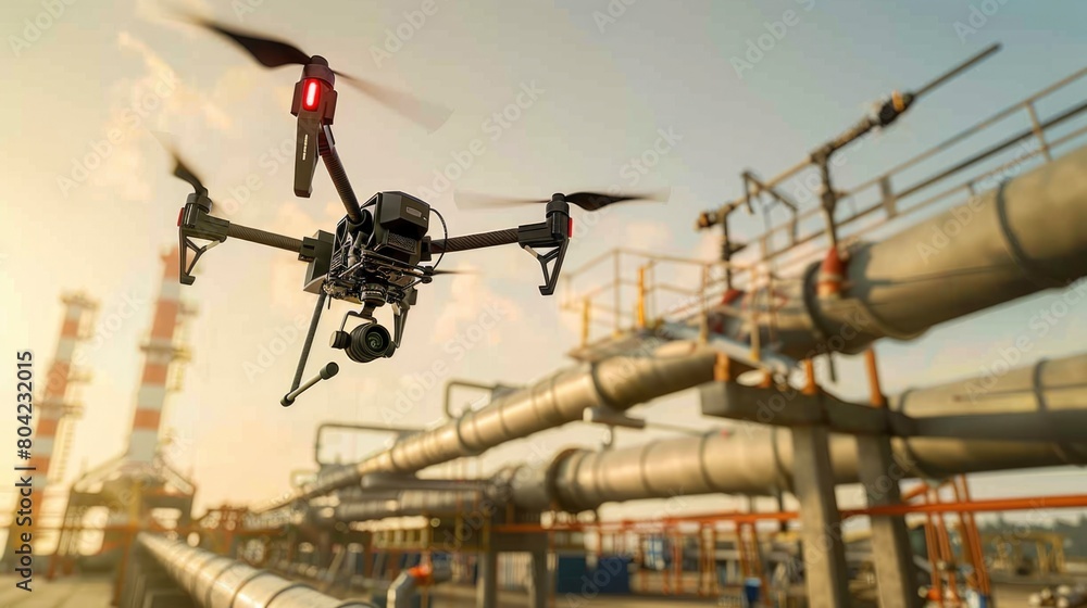 A drone is flying over a large industrial area to research.