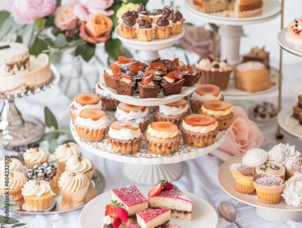 A table full of desserts including cakes, cupcakes, and pastries A table full of desserts including cakes, cupcakes, and pastries