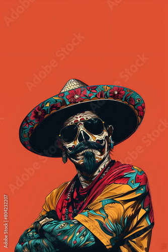 Cinco de Mayo man with a skull and sunglasses is wearing a sombrero