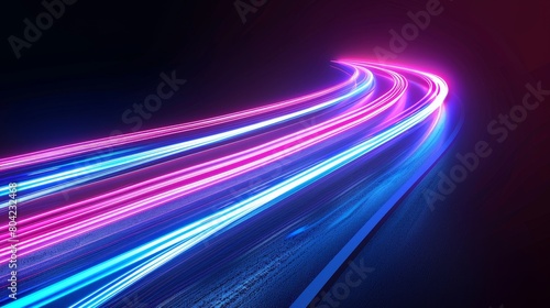 The black background is surrounded by high speed racing lines with a glow neon effect. Blue and pink dynamic shadows encircle the fast car lights movement. Realistic modern illustration of energy