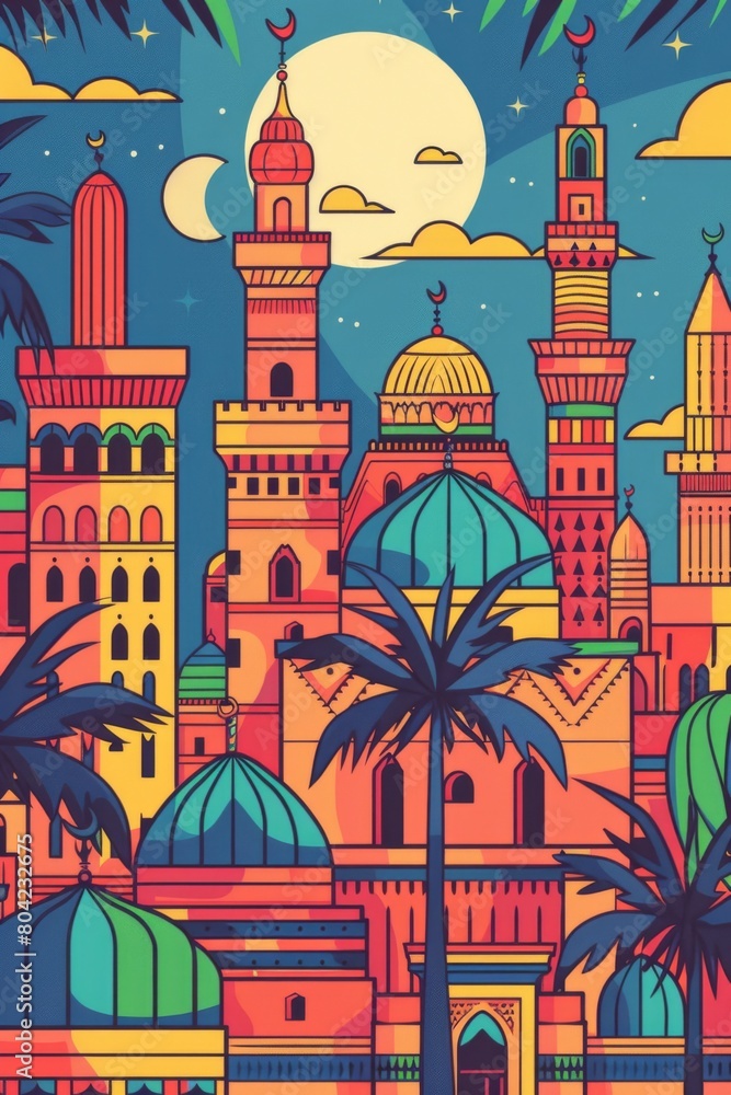 AI generated illustration of a cityscape with a mosque, palm trees, and starry night sky